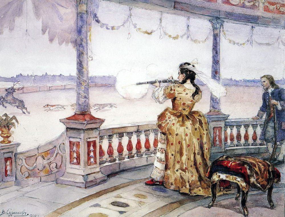 Василий Иванович Суриков. Императрица Анна Иоанновна в петергофском Тампле стреляет оленей. 1900.